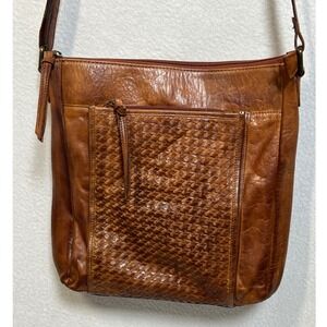 Estalon Brown Genuine Leather Woven Crossbody Bag Messenger Adjustable Strap